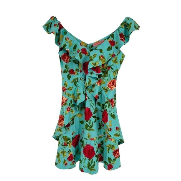 Signatures Ruffle Front Flounce Mini Dress Size S Rose Print Back Zip Ruffle Hem - Picture 3 of 16